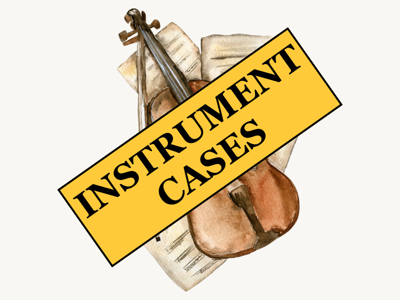 Logo for "instrument cases" podcast with text and painting of a violin over sheet music
